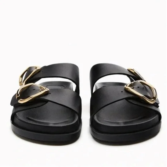 Zara Buckled Flat Leather Black Sandals Woman’s Size 9 - Picture 8 of 10